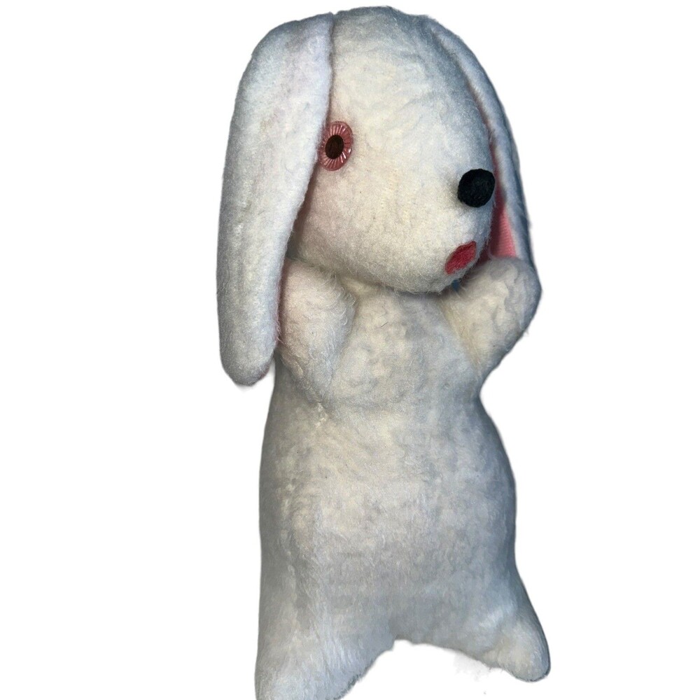 Vintage 1960s Plush Bunny White Pink Genie Toys Stuffed Animal Kitsch Easter